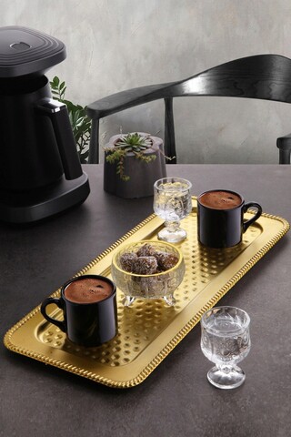 Set cesti de cafea, Rowe, 196RWE2523, Plastic, + tava servire 17 x 39 cm, Auriu
