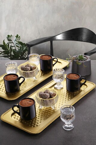 Set cesti de cafea, Rowe, 196RWE2519, Plastic, + 2 tavi servire 17 x 39 cm, Auriu