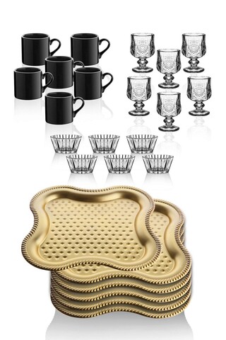 Set cesti de cafea, Rowe, 196RWE2521, Plastic, + 6 tavi servire 21 x 21 cm, Auriu