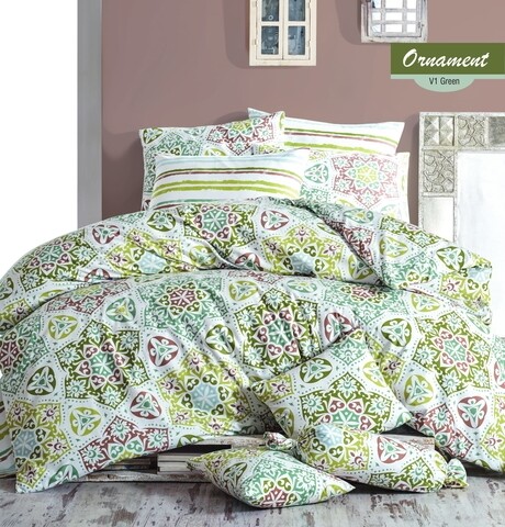 Lenjerie de pat pentru o persoana Ornament, Majoli Home Collection, 3 piese, 160x240 cm, 100% bumbac ranforce, multicolor