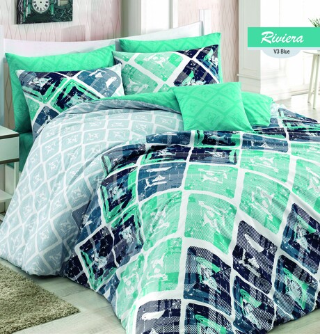 Lenjerie de pat pentru o persoana Riviera, Majoli Home Collection, 3 piese, 160x240 cm, 100% bumbac ranforce, multicolor