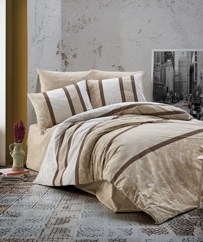 Lenjerie de pat pentru o persoana Vista, Majoli Home Collection, 3 piese, 160x240 cm, 100% bumbac ranforce, alb/maro