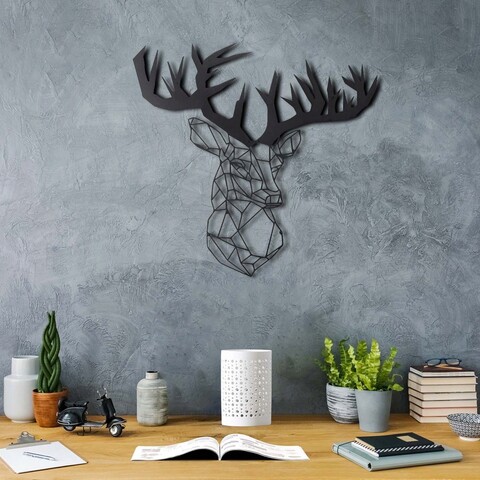 Decoratiune de perete, Stag, Metal, Dimensiune: 49 x 51 cm, Negru