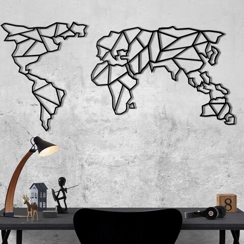 Decoratiune de perete, World Map, Metal, Dimensiune: 60 x 120 cm, Negru