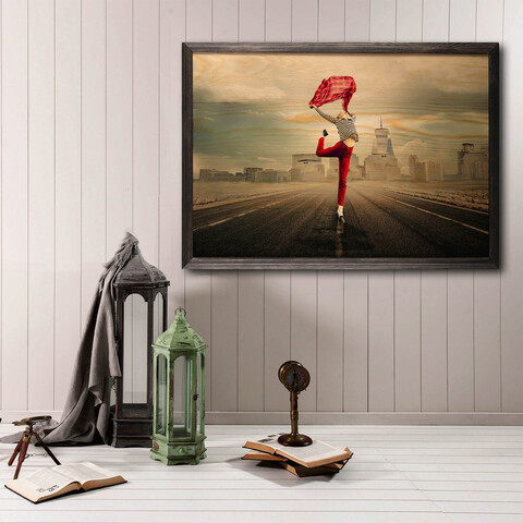 Tablou decorativ, Red Umbrella, Lemn, Lemn, Multicolor