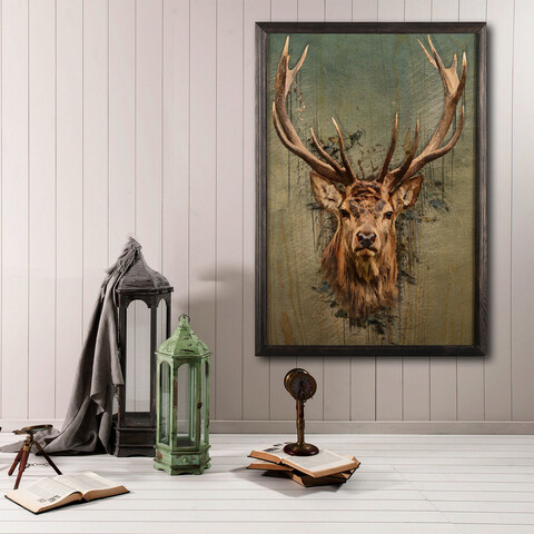 Tablou decorativ, Stag Face XL, Lemn, Multicolor