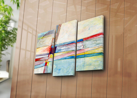 Tablou decorativ, 3PATK-102, 100% SUEDE CANVAS / Size: 20 x 39 cm (2 Pieces) / 20 x 45 cm (1 Piece) / Total Size: 66 x 45 cm / Frame: 100% Wooden (Thickness: 3 cm), Multicolor