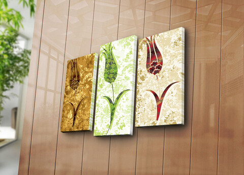 Tablou decorativ, 3PATK-82, 100% SUEDE CANVAS / Size: 20 x 39 cm (2 Pieces) / 20 x 45 cm (1 Piece) / Total Size: 66 x 45 cm / Frame: 100% Wooden (Thickness: 3 cm), Multicolor