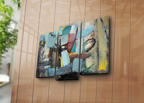 Tablou decorativ, 3PATK-89, 100% SUEDE CANVAS / Size: 20 x 39 cm (2 Pieces) / 20 x 45 cm (1 Piece) / Total Size: 66 x 45 cm / Frame: 100% Wooden (Thickness: 3 cm), Multicolor