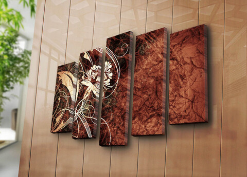 Tablou decorativ, 5PATK-212, 100% SUEDE CANVAS / Size: 19 x 70 cm (1 Piece) / 19 x 60 cm (2 Pieces) / 19 x 50 cm (2 Pieces) / Total Size: 105 x 70 cm / Frame: 100% Wooden (Thickness: 3 cm), Multicolor