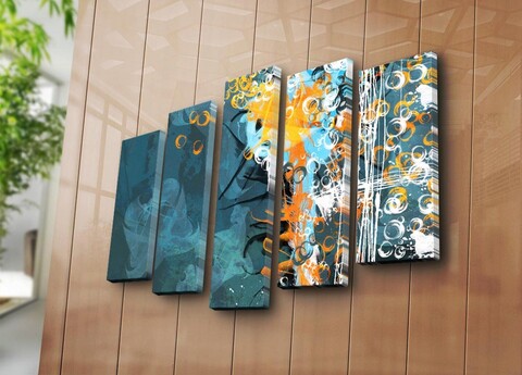 Tablou decorativ, 5PATK-214, 100% SUEDE CANVAS / Size: 19 x 70 cm (1 Piece) / 19 x 60 cm (2 Pieces) / 19 x 50 cm (2 Pieces) / Total Size: 105 x 70 cm / Frame: 100% Wooden (Thickness: 3 cm), Multicolor