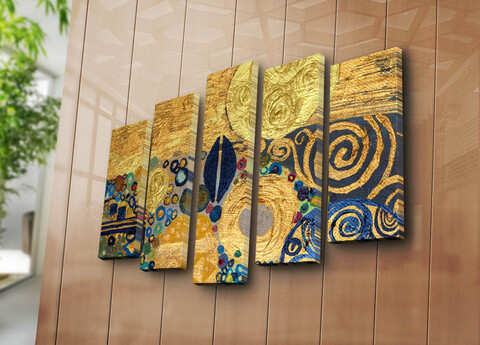 Tablou decorativ, 5PATK-234, 100% SUEDE CANVAS / Size: 19 x 70 cm (1 Piece) / 19 x 60 cm (2 Pieces) / 19 x 50 cm (2 Pieces) / Total Size: 105 x 70 cm / Frame: 100% Wooden (Thickness: 3 cm), Multicolor