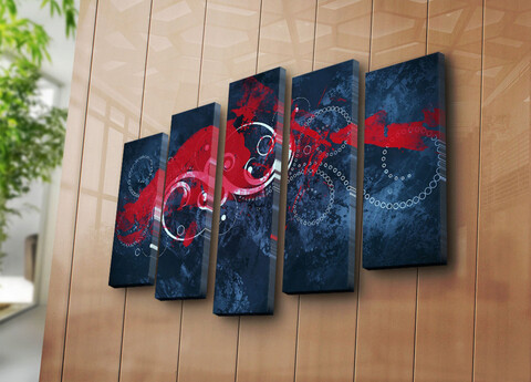 Tablou decorativ, 5PATK-238, 100% SUEDE CANVAS / Size: 19 x 70 cm (1 Piece) / 19 x 60 cm (2 Pieces) / 19 x 50 cm (2 Pieces) / Total Size: 105 x 70 cm / Frame: 100% Wooden (Thickness: 3 cm), Multicolor