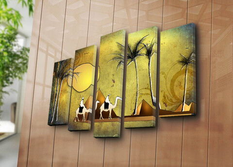 Tablou decorativ, 5PATK-242, 100% SUEDE CANVAS / Size: 19 x 70 cm (1 Piece) / 19 x 60 cm (2 Pieces) / 19 x 50 cm (2 Pieces) / Total Size: 105 x 70 cm / Frame: 100% Wooden (Thickness: 3 cm), Multicolor