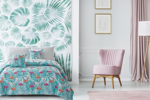 Cuvertura Flamingo, Fashion Goods, 200x220 cm, microfibra, albastru deschis/roz