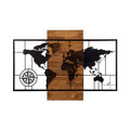 Decoratiune de perete, World Map With Compass, lemn/metal, 85 x 58 cm, negru/maro