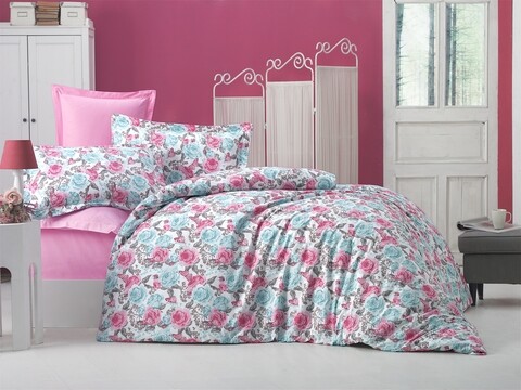 Lenjerie de pat pentru doua persoane, Blue Rose Bedora, 4 piese, 100% bumbac