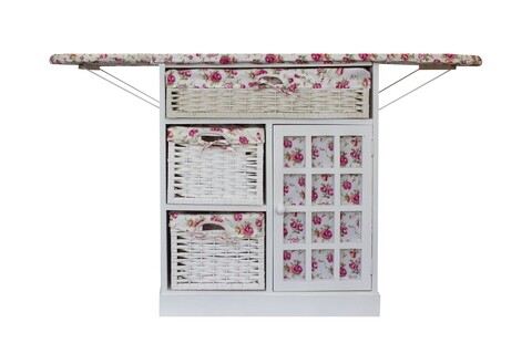 Dulap cu masa de calcat Double Roses, Bedora, 31 x 81 x 64 cm, lemn masiv/poliester, alb