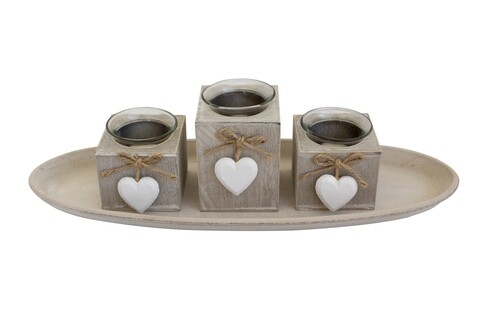 Set 3 suporturi pentru lumanare + tava Heart, Bedora, lemn si sticla, natur