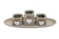 Set 3 suporturi pentru lumanare + tava Heart, Bedora, lemn si sticla, natur
