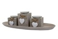 Set 3 suporturi pentru lumanare + tava Heart, Bedora, lemn si sticla, natur