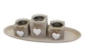 Set 3 suporturi pentru lumanare + tava Heart, Bedora, lemn si sticla, natur