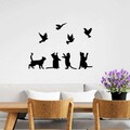 Decoratiune de perete, Birds Playing With Cats, Metal, Dimensiune: 110 x 79 cm, Negru