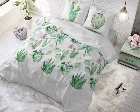 Lenjerie de pat dubla Cactina Green , Sleeptime, 3 piese, 200x220 cm, bumbac, multicolora