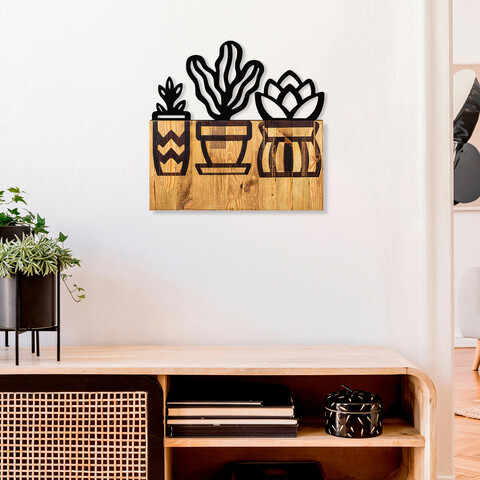 Decoratiune de perete, Cactus, 50% lemn/50% metal , Dimensiune: 58 x 56 x 3 cm, Negru