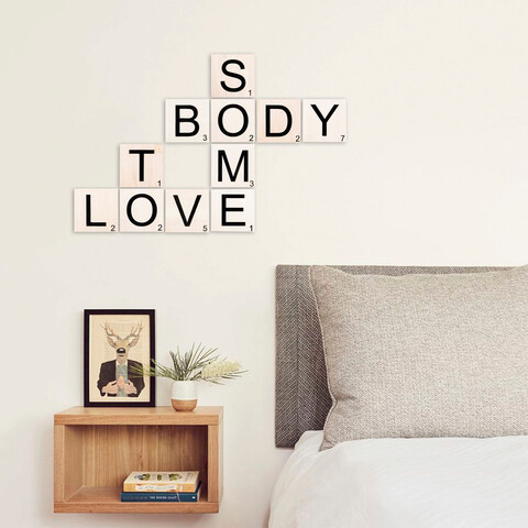 Decoratiune de perete, Scrabble Set, Lemn, 95 x 63 cm, Alb/Negru