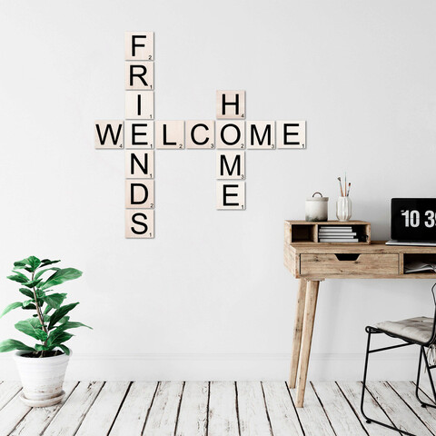 Decoratiune de perete, Scrabble Set, Lemn, Dimensiune: 111 x 111 cm, Alb/Negru