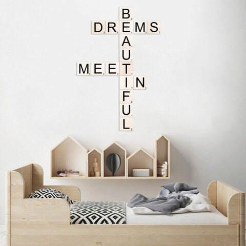 Decoratiune de perete, Scrabble Set, Lemn, 95 x 143 cm, Alb/Negru