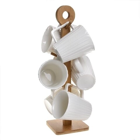 Set 6 cani cu suport, InArt, portelan, bambus, alb/maro