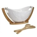 Set bol pentru salata si accesorii InArt, portelan, bambus, alb/maro