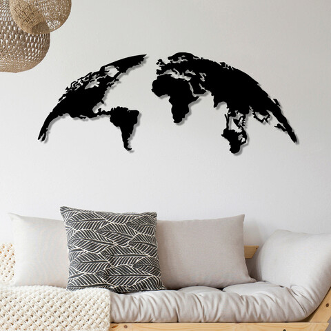 Decoratiune de perete, World Map Large, Metal, Dimensiune: 150 x 59 cm, Negru