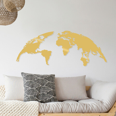 Decoratiune de perete, World Map Large, Metal, Dimensiune: 150 x 59 cm, Auriu