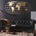 Decoratiune de perete, World Map Globe, Metal, Dimensiune: 60 x 120 cm, Auriu