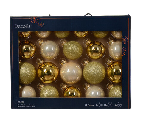 Baubles 21 db Díszgömb, Decoris, Ø7 cm/Ø6 cm/Ø5 cm, üveg, aranyszín