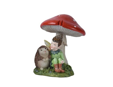 Decoratiune Boy and hedgehog under mushroom, Decoris, 14.5x12.5x15 cm, polirasina, multicolor