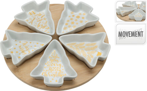 Tree Snack tálaló készlet forgatható tányérral, 6 darabos, porcelán/bambusz