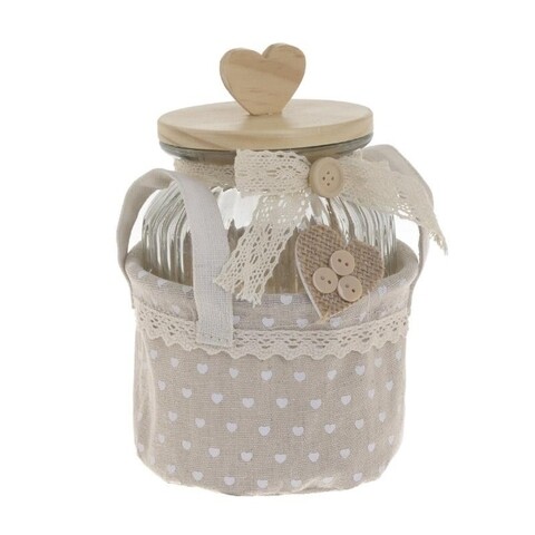 Borcan cu capac si cos, InArt, 12x19 cm, sticla/bumbac, alb/bej