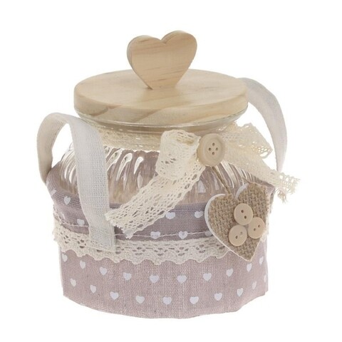 Borcan cu capac si cos, InArt, 12x17 cm, sticla/bumbac, roz/bej