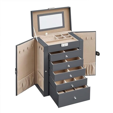 Cutie pentru bijuterii cu 6 etaje, 5 sertare si oglinda Songmics, 26x15x32 cm, MDF, catifea/sticla, gri