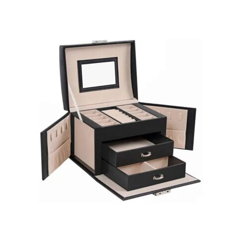 Cutie de bijuterii cu 3 etaje Songmics, 17.5x13.5x12 cm, MDF/piele ecologica/catifea, negru