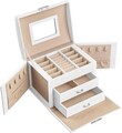 Cutie pentru bijuterii cu 3 etaje Songmics, 17.5x13.5x12 cm, MDF/piele ecologica/catifea, alb