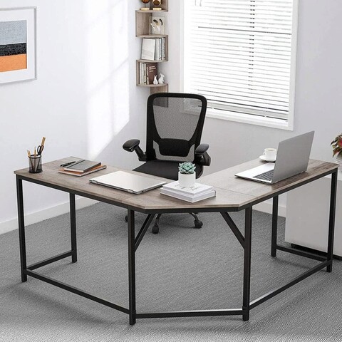 Birou de colt, Vasagle, Grey Corner, 149 x 149 x 75 cm, PAL/otel, gri