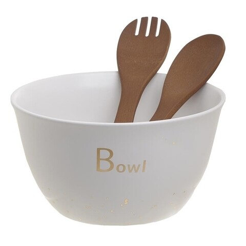 Set bol pentru salata si accesorii InArt, portelan, 22x12 cm, alb/maro