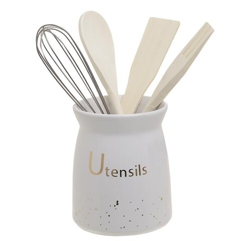 Suport cu ustensile de bucatarie 5 piese InArt, 11x25 cm, portelan, alb/auriu