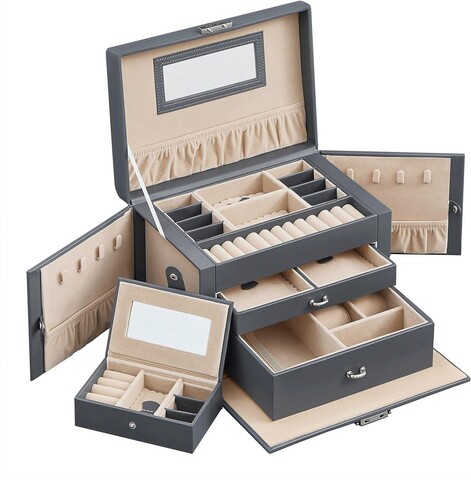 Cutie pentru bijuterii cu 3 etaje, sertare si oglinda Songmics, 26x18x17 cm, MDF/piele ecologica/catifea, gri