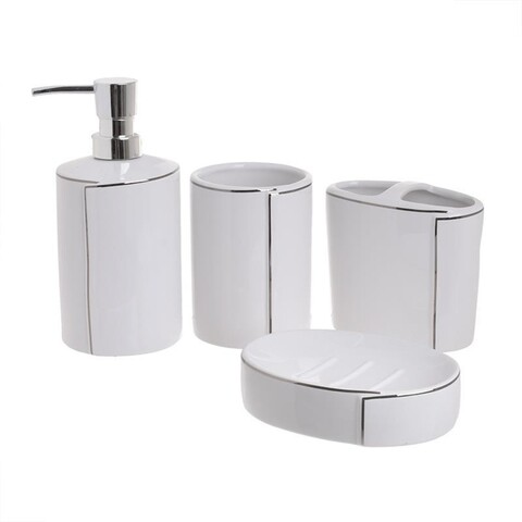 Set de baie din ceramica, InArt, 4 piese, alb/argintiu